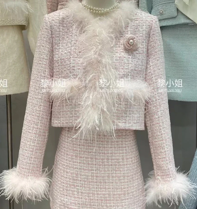 Women's Winter Pink Suit 2024 New Autumn Elegant Woman Tweed Sequined Feathers Fringed Coat Fashion Short Skirts 2 Pieces Sets