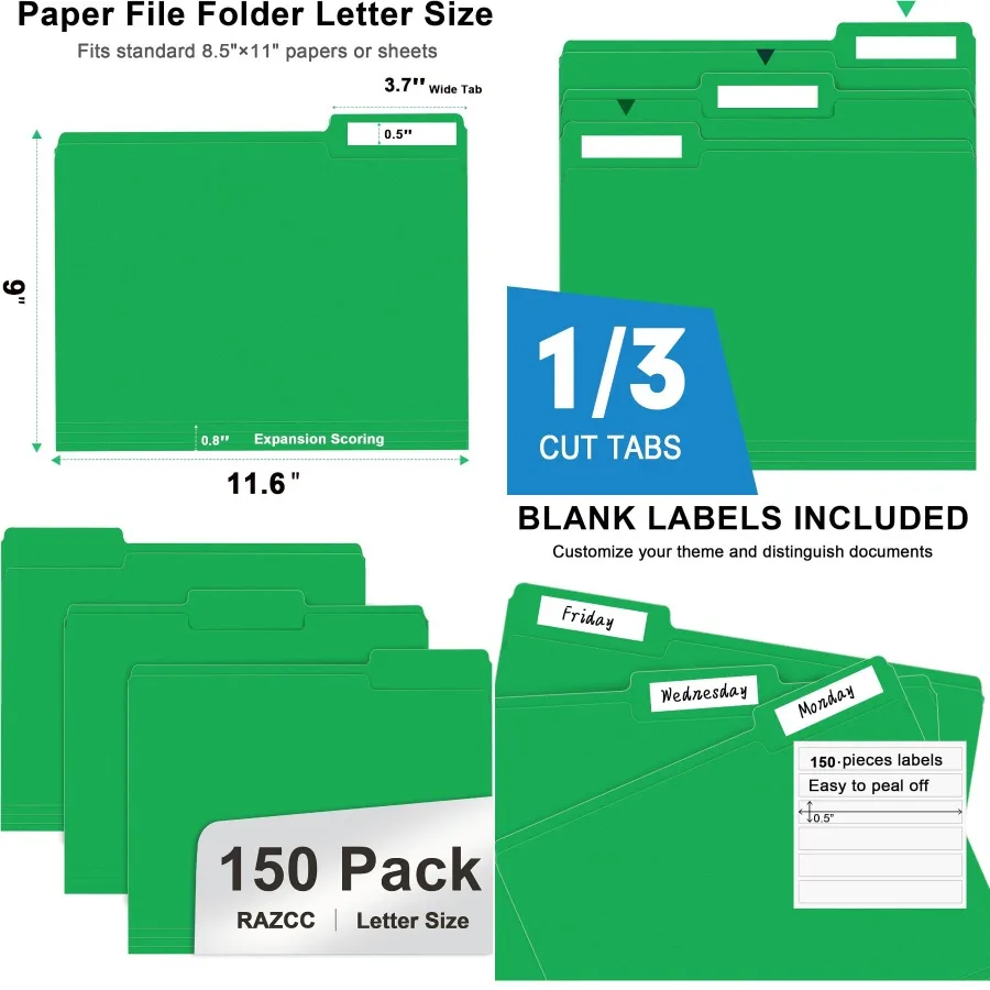 150 sztuk segregatorów z zakładkami 1/3, format Letter, w zielonych segregatorach z zakładkami dla łatwej organizacji i efektywnego przechowywania dokumentów.