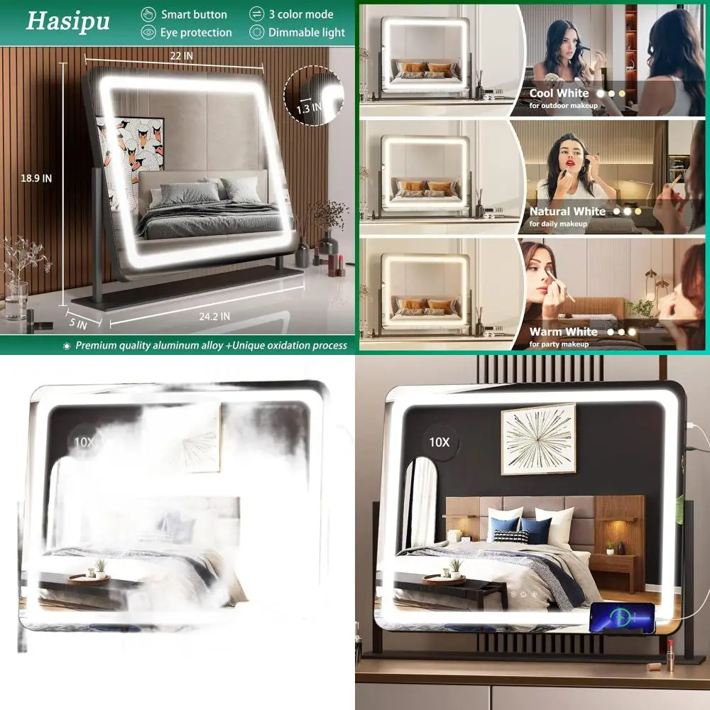 LED-beleuchteter Kosmetikspiegel, 24,2 x 18,9 Schminkspiegel mit 10-facher Vergrößerung, USB-Anschluss, Telefonhalter, Touch-Dimmung in 3 Farben, 360 °