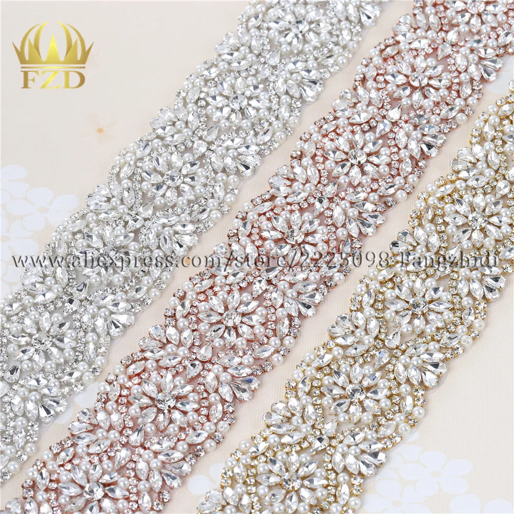 (1 yard) Beaded Hot Fixing Clear Bling Sew on Crystal Beaded Appliques Handmade Trim for Dress Bridal Belt Headbands Garters