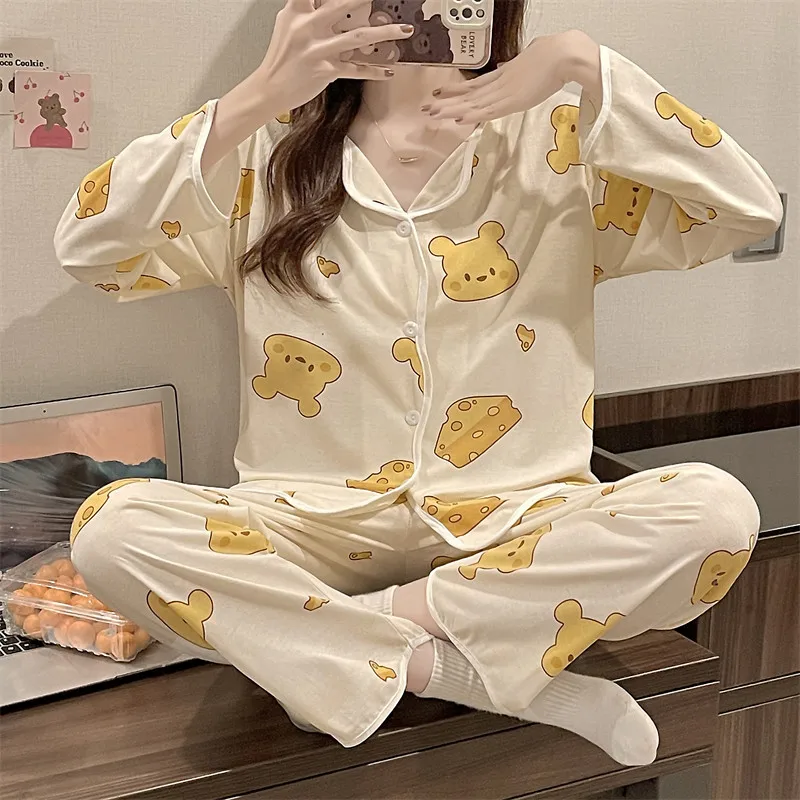 2024 Spring and Autumn Milk Silk Pajamas Women Cardigan V-Neck Long Sleeve Long Pants Thin Section Polka Dot Printed Homewear Se