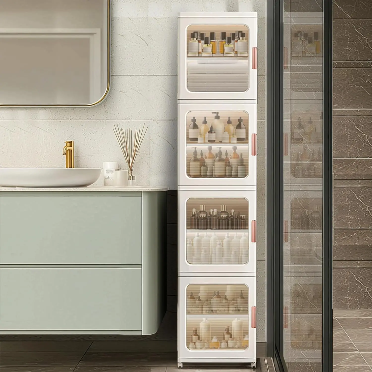 Gabinete de almacenamiento alto y estrecho expandido con puertas transparentes y ruedas móviles, caja de almacenamiento plegable de plástico para espacios pequeños, murciélago