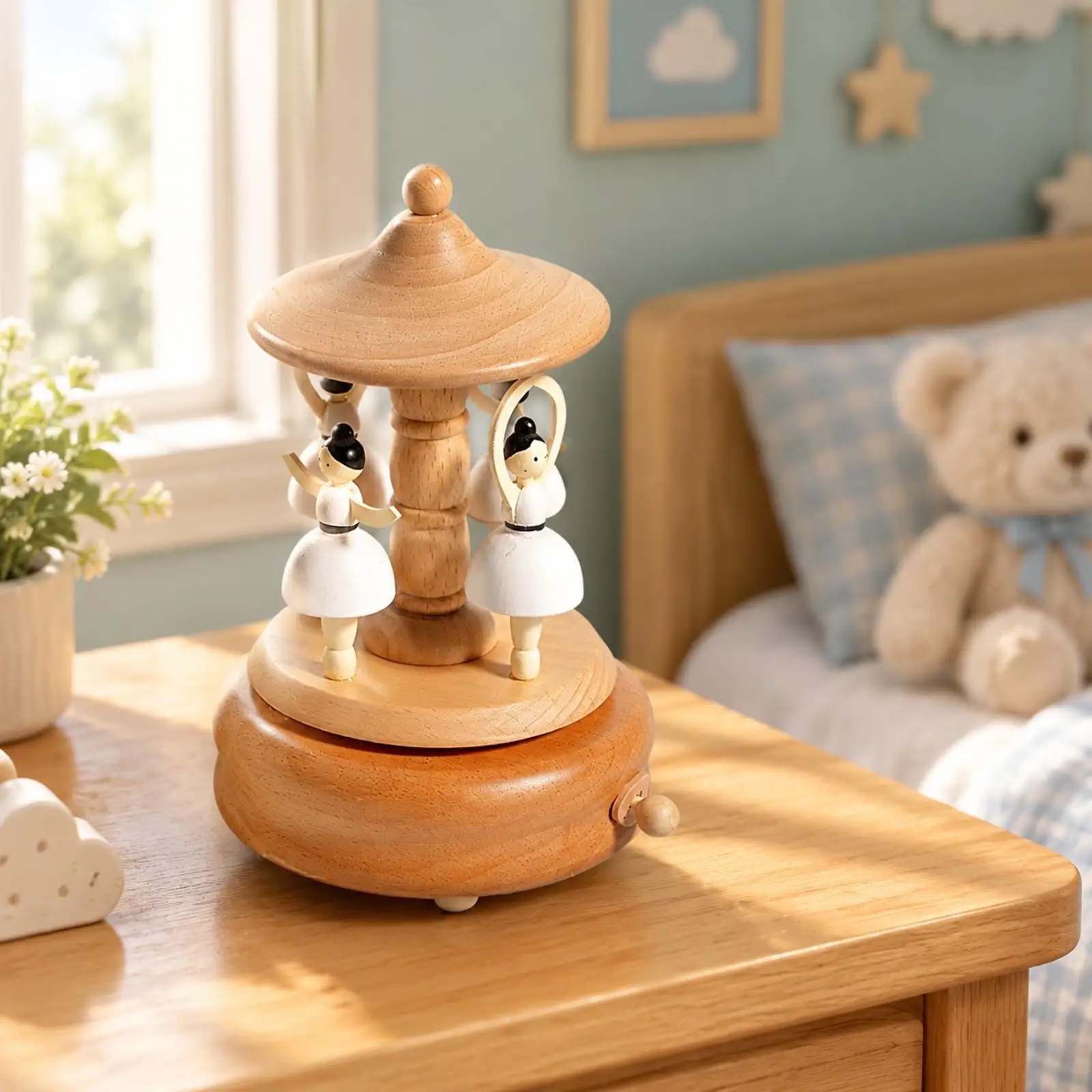 Manual Crank Wooden Music Box Carousel with Rotating Figures Decorative Art for Reading Corner Desk Shelf