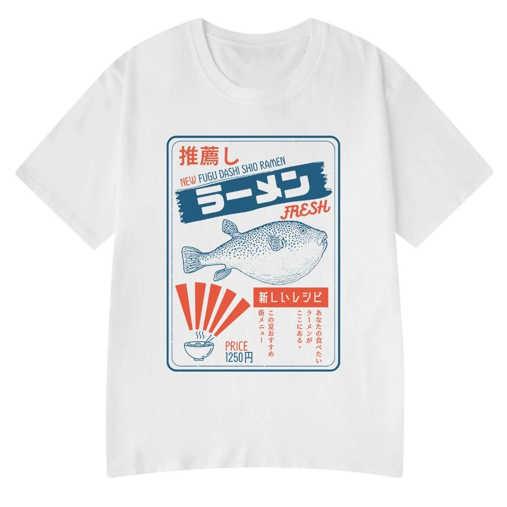 Vintage Fugu Puffer Fish Ramen Printed T-shirt Men Women Cotton Loose Casual Short Sleeve Tshirt Men's T-shirts Men's Clothing