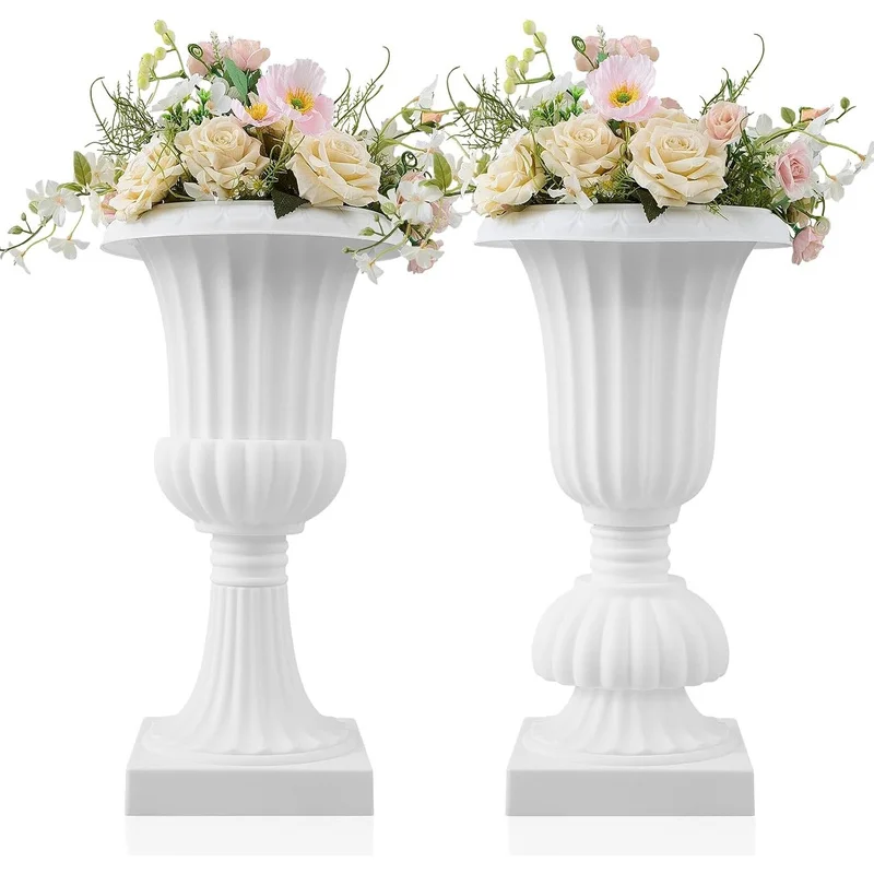 2Pcs White Roman Column Vase, Vertical Stripe Plastic Tall Vase for Wedding Garden Indoor Floral Decor