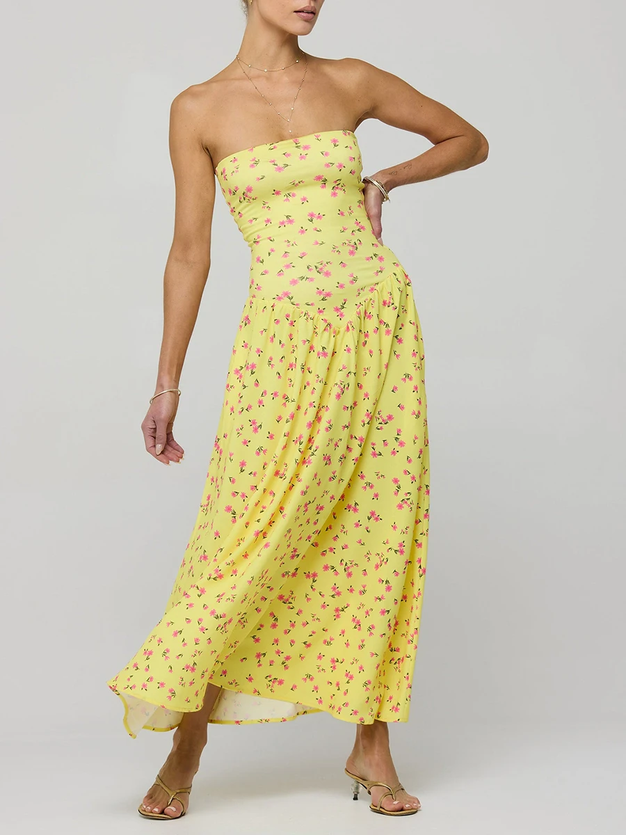 Robe longue fleurie sans bretelles avec poches pour femme, bustier tubulaire, maxi fluide, vacances d'été, bohème, Y2k