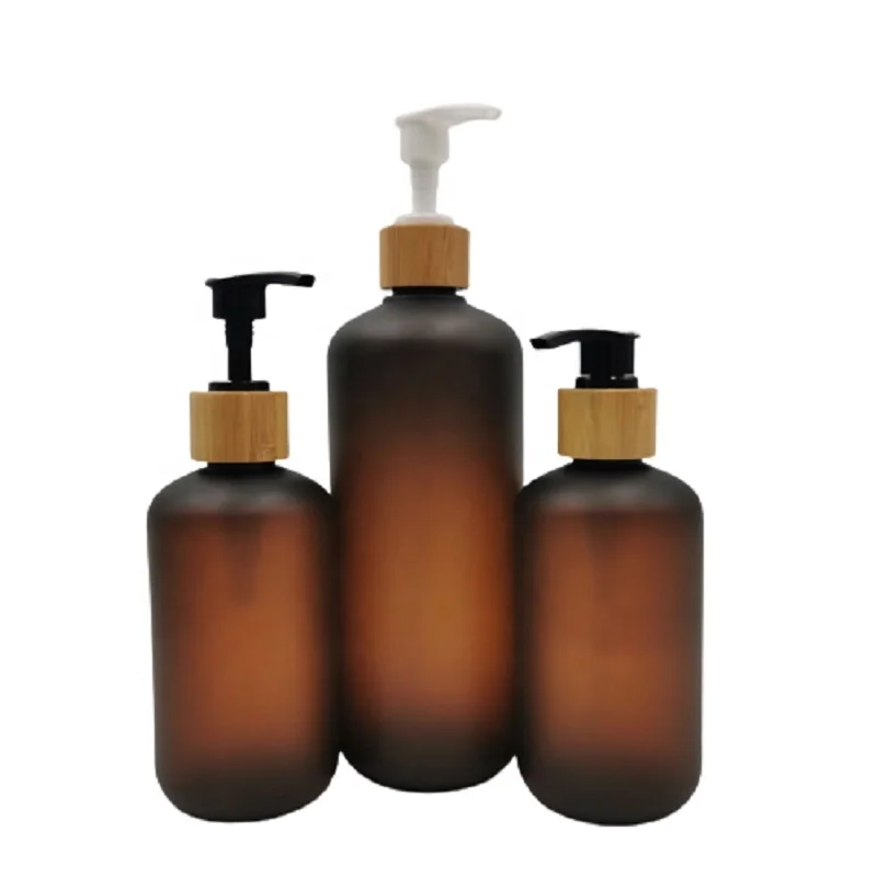 

Plastic Bottle Lotion Pump Matte Amber Body Cream Bottles 120/250/500ML PET Bamboo Lid Shampoo Shower Gel Cosmetic Container