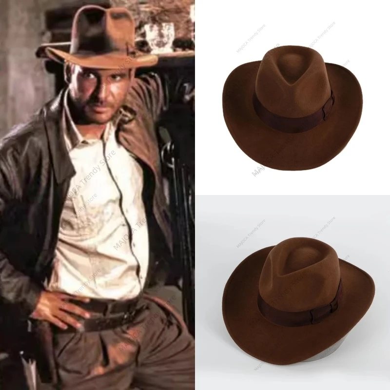 Braune Wollfilz-Fedora für Herren – Outback-Hut mit breiter Krempe und Band – Western Cowboy Indiana Jones-Stil, weiche Filzhüte
