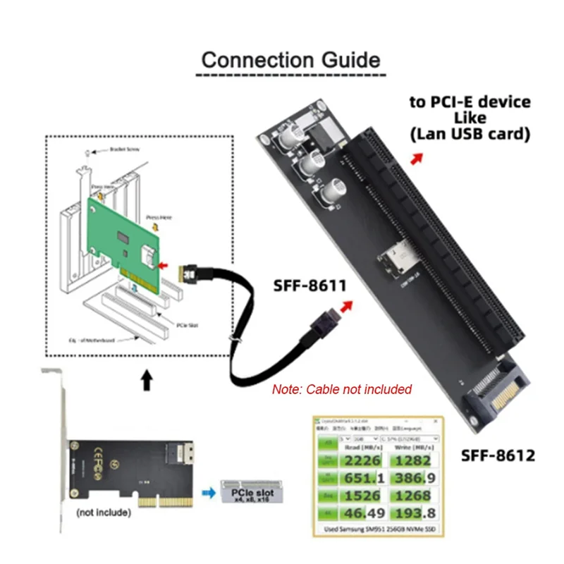 Adaptador pcie para SFF-8611, adaptador oculink SFF-8611 para pcie pci-express 16x 4x com porta de alimentação sata para gráficos da placa principal a002