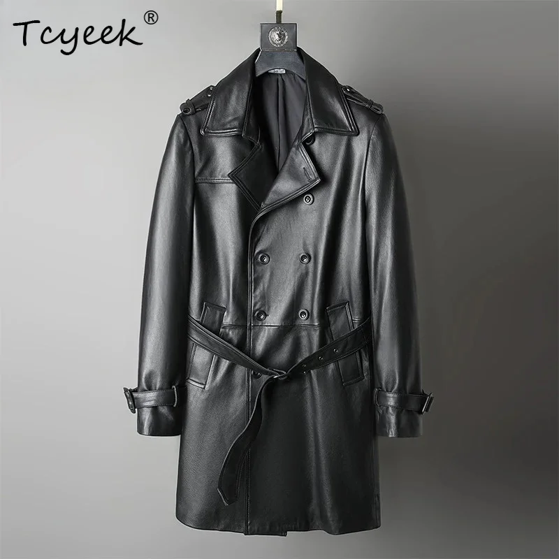 Tcyeek Real Leather Jacket Men Natural Calfskin Mens Coats Mid-length Trench Coat  Autumn Clothing Belt Trendy Jaqueta De Couro