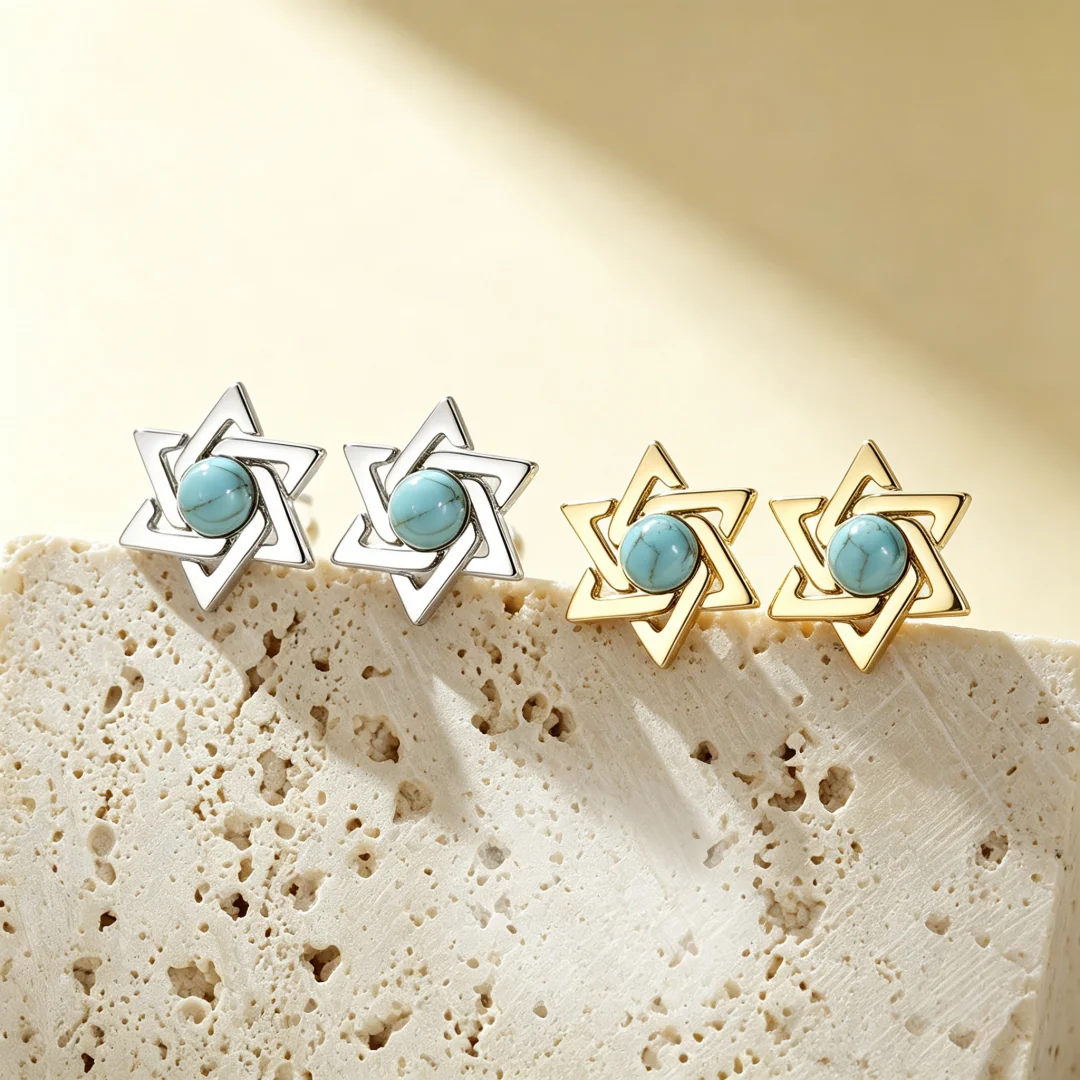 Hexagram Star of David Earrings Turquoise Inlaid Stainless Steel Ear Studs Vintage Mystic Symbol Amulet Jewelry for Women