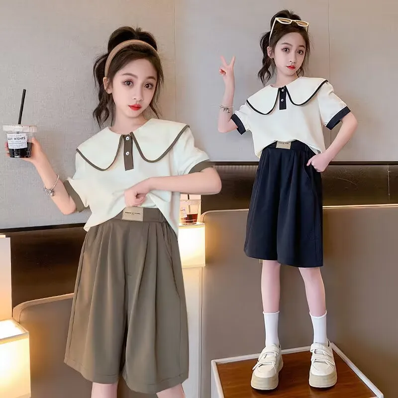 

3 To 14 Kids Girl Casual Sets Children Short Sleeves Top+Shorts Suits 2024 New Girls School Clothes Teens Summer T-Shirt Outfits