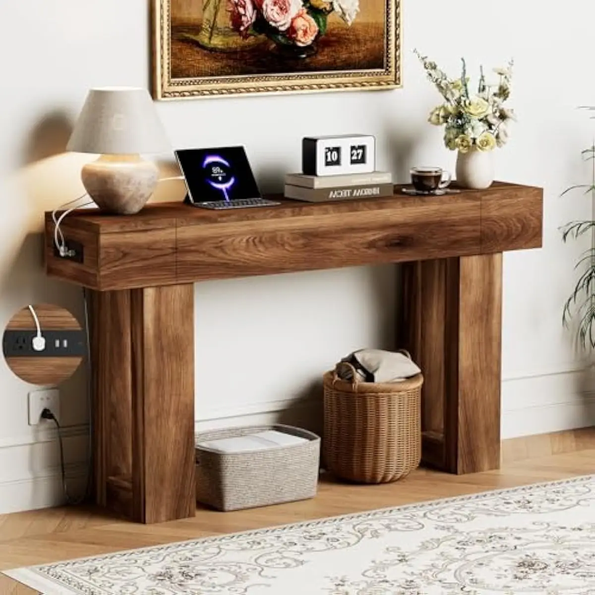 63-inch Rustic Engineered Wood Console Table with Integrated Power Hub Featuring 2 Outlets 2 USB Ports and 5FT Cord Ideal for Li