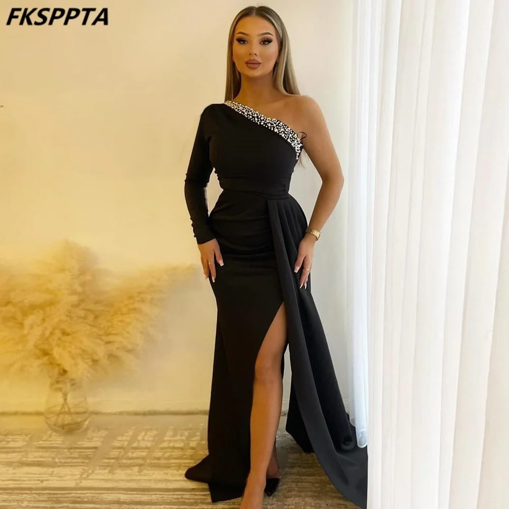 Eleagnt Black Long One Shoulder Evening Dress Full Sleeves Straight Pearls Satin Custom Made Formal Gowns For Party Prom
