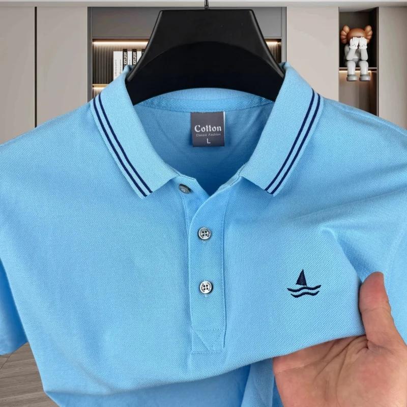 100% pure cotton high-end brand men's short sleeve polo shirt summer fashion striped sailboat embroidery golf top casual T-shirt