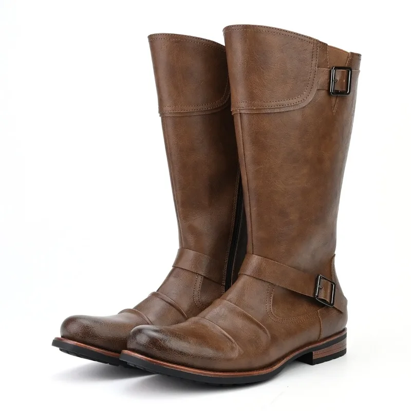 Men's Knee-High Boots Retro Western Cowboy Boots Pleated Design Long Tube Boots Brand Casual Leather Boot Motorcycle Knight Boot
