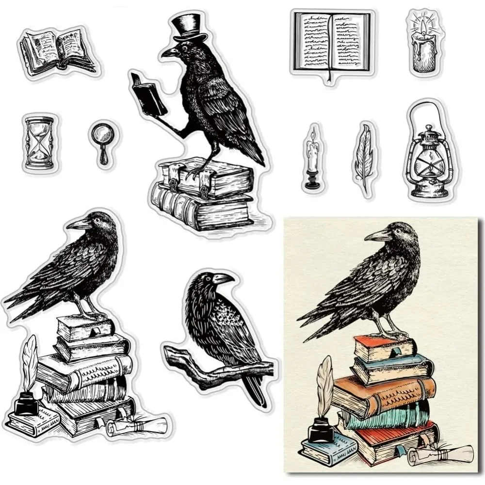 Book Clear Stamps Crow Transparent Silicone Stamp Back to School Clear Stamp for Card Making Journal Diary Decoration