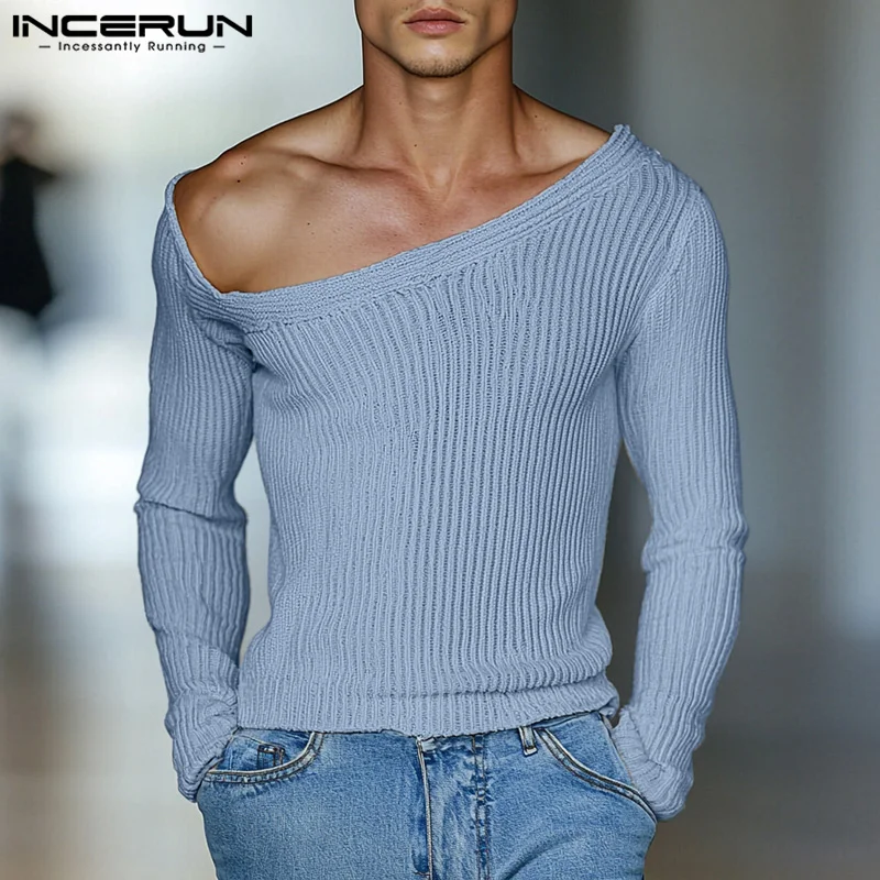 INCERUN Tops 2024 American Style Fashion Men V-neck Leather Buckle Texture T-shirt Casual Sexy Solid Long Sleeved Camiseta S-5XL