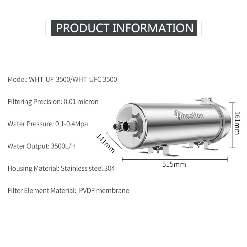 Wheelton PVDF UF 3500L/H Water Purifier Whole House Ultrafiltration Filter 0.01um Filtration SUS304 Drinkable Water