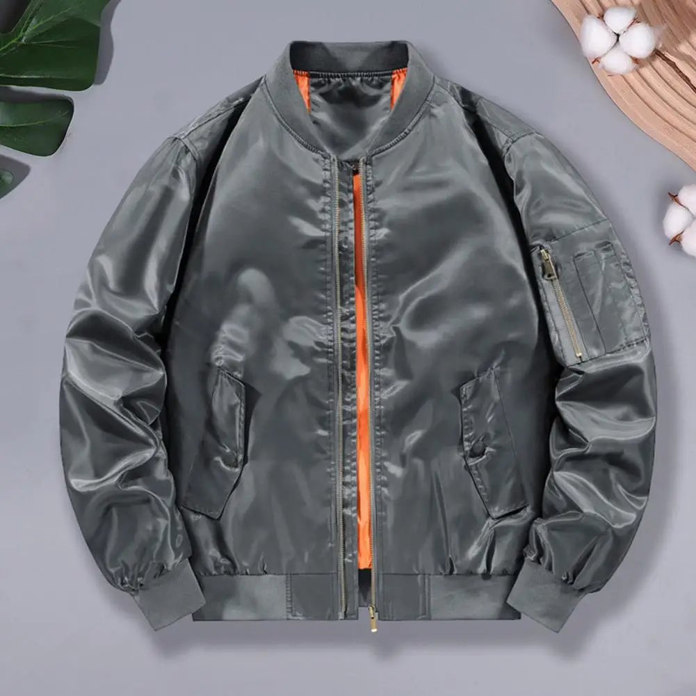 Men Baseball Jacket Stand Collar Long Sleeve Zipper Closure Coat With Pockets Ribbed Cuffs Hem Outwear Plus Size Aviator Jacket