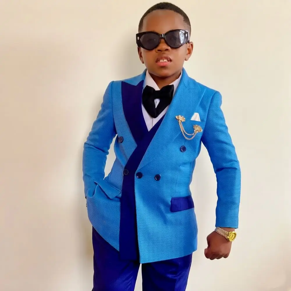 Double Breasted 2 Pieces Kids Boys Suit Set Premium Textured Fabric Asymmetric Accents Wedding Celebrity Birthday Tuxedo