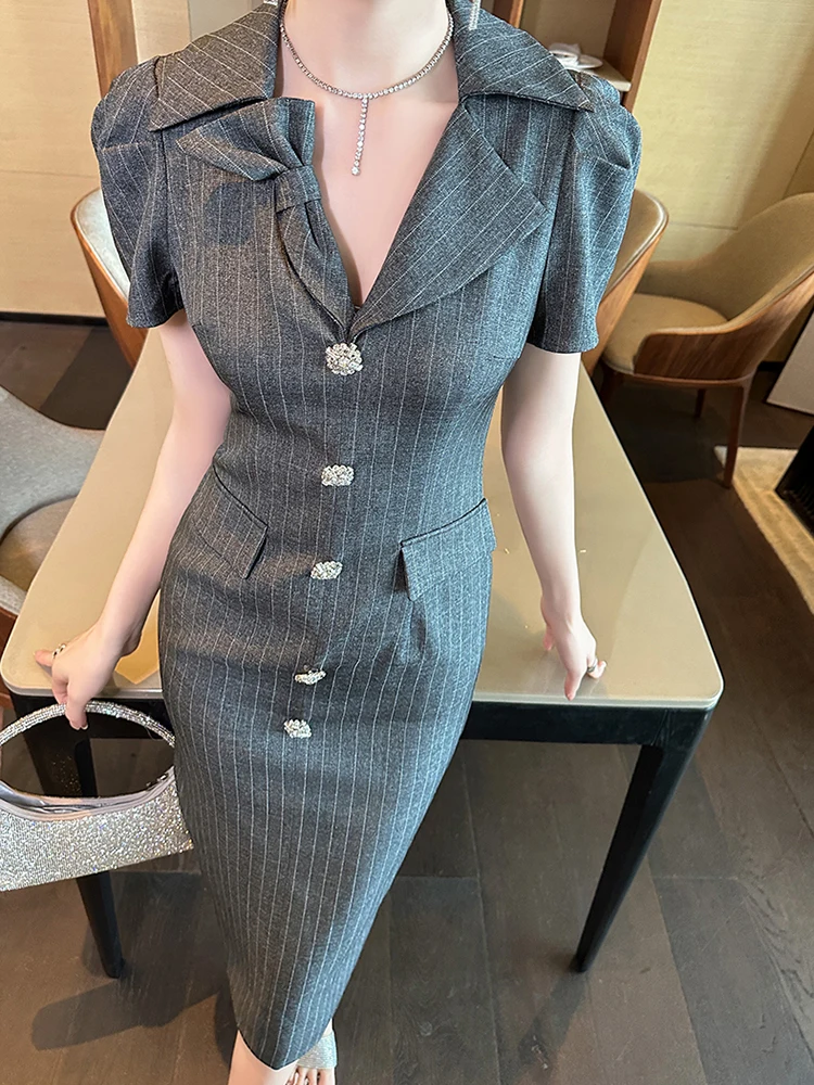 

French Elegant Formal Dress Women Professional OL Grey Lapel Diamond Single Breasted Slim Fit Robe Business Work Style Vestidos