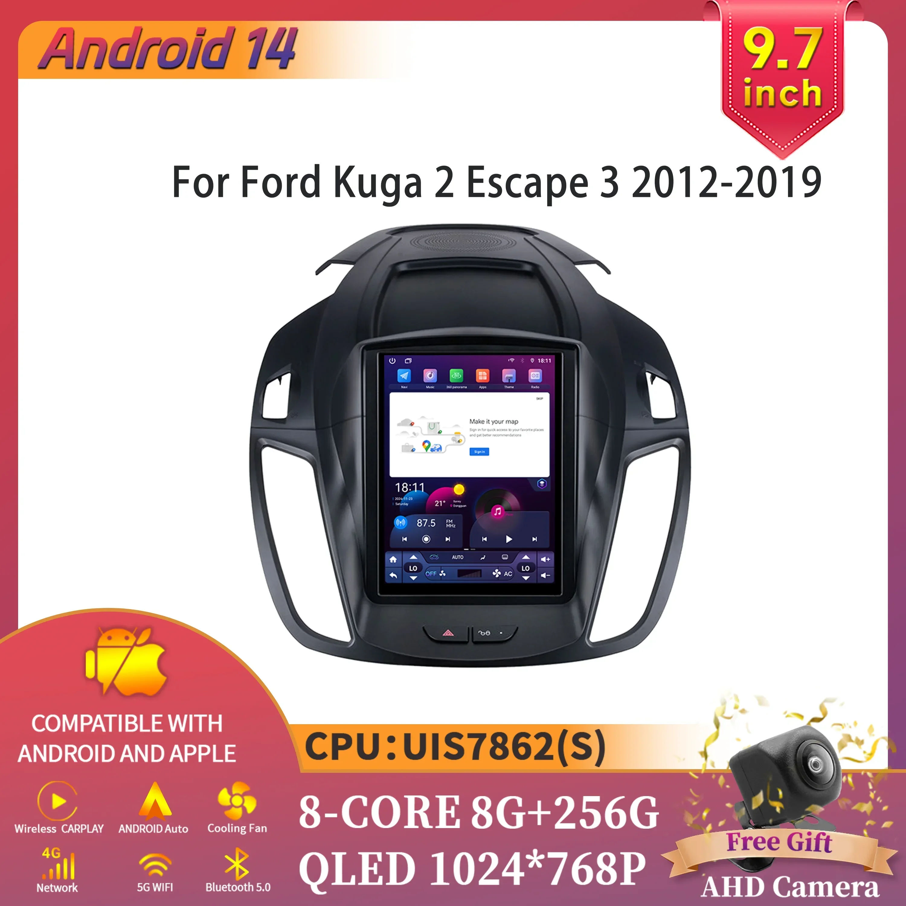 9.7inch Android 14 For Ford Kuga 2 Escape 3 2012-2019 Car Radio Multimedia Intelligent GPS Wireless  Carplay Touch Screen