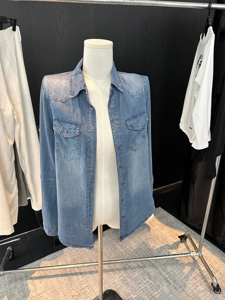 American Style Thin Denim Shirt Women's Spring Autumn New Elegant Shoulder  Collar Top Layered Outerwear Casual Fashion