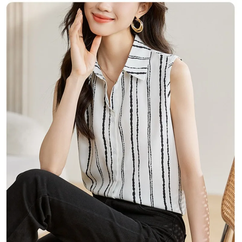 2024 Summer New Blouses Minimalist Commuter Comfortable Women\'s Spliced Polo Collar Single-breasted Striped Sleeveless Tank Tops