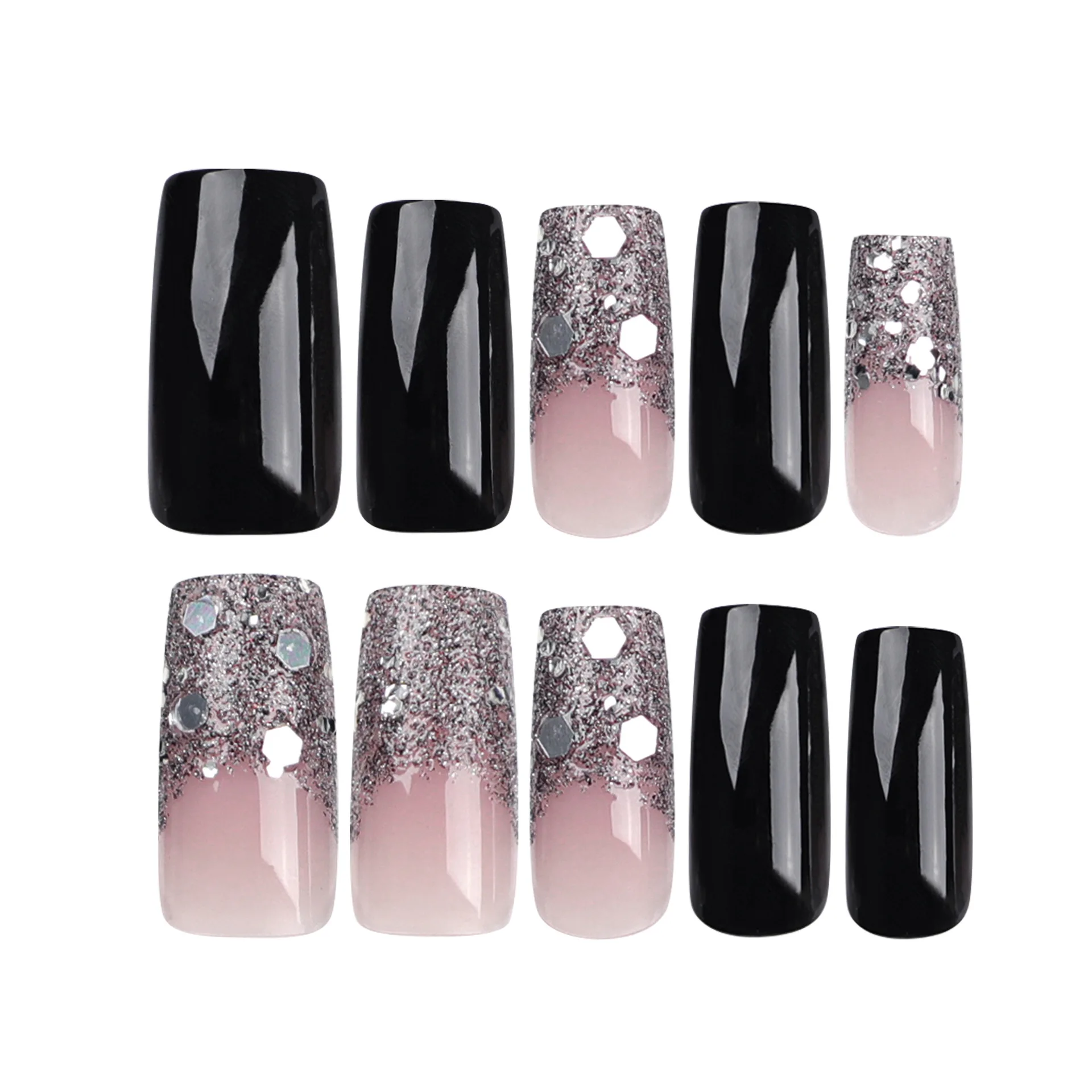 24 Stück künstliche Nägel, funkelnder Glitzer, Farbverlauf, schwarz, einfarbig, tragbar, Maniküre, zum Aufdrücken der Nägel, solide