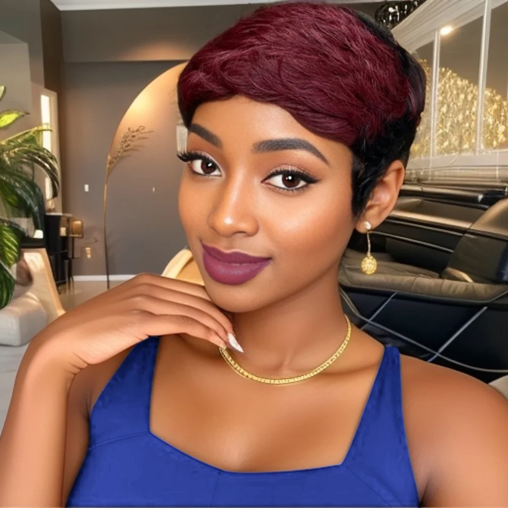 여성용 우아한 직선 인모 픽시컷 전체 기계 제작 가발, 데일리 파티용