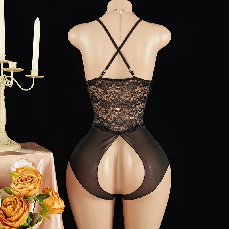 

Нижнее белье с вырезами, сексуальное нижнее белье, женский кружевной полый эротический костюм, платье Тедди BabyDoll, глубокий V-образный вырез, открытый бюстгальтер, комплект нижнего белья с бантом