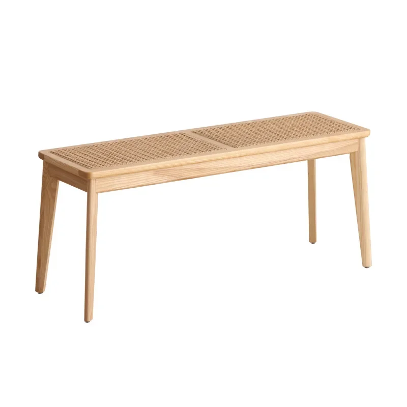 

Rattan long bench ash wooden bed tail bench all solid wood shoes stool Nordic simple household door shoes stool.