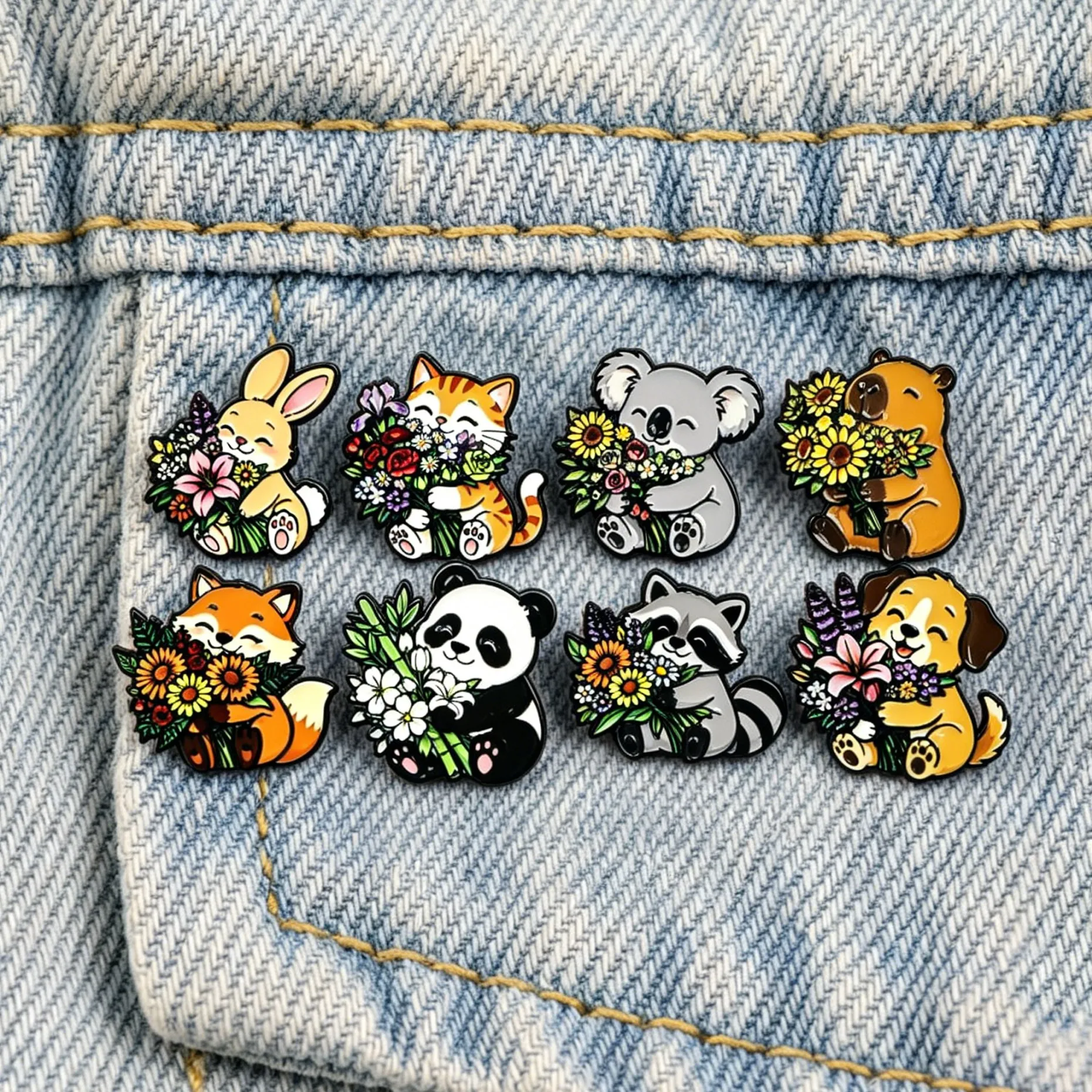 Cute Cartoon Animal Flower Bouquet Enamel Pins Rabbit Cat Koala Fox Panda Raccoon Dog Lapel Brooches Badges for Backpack Gift