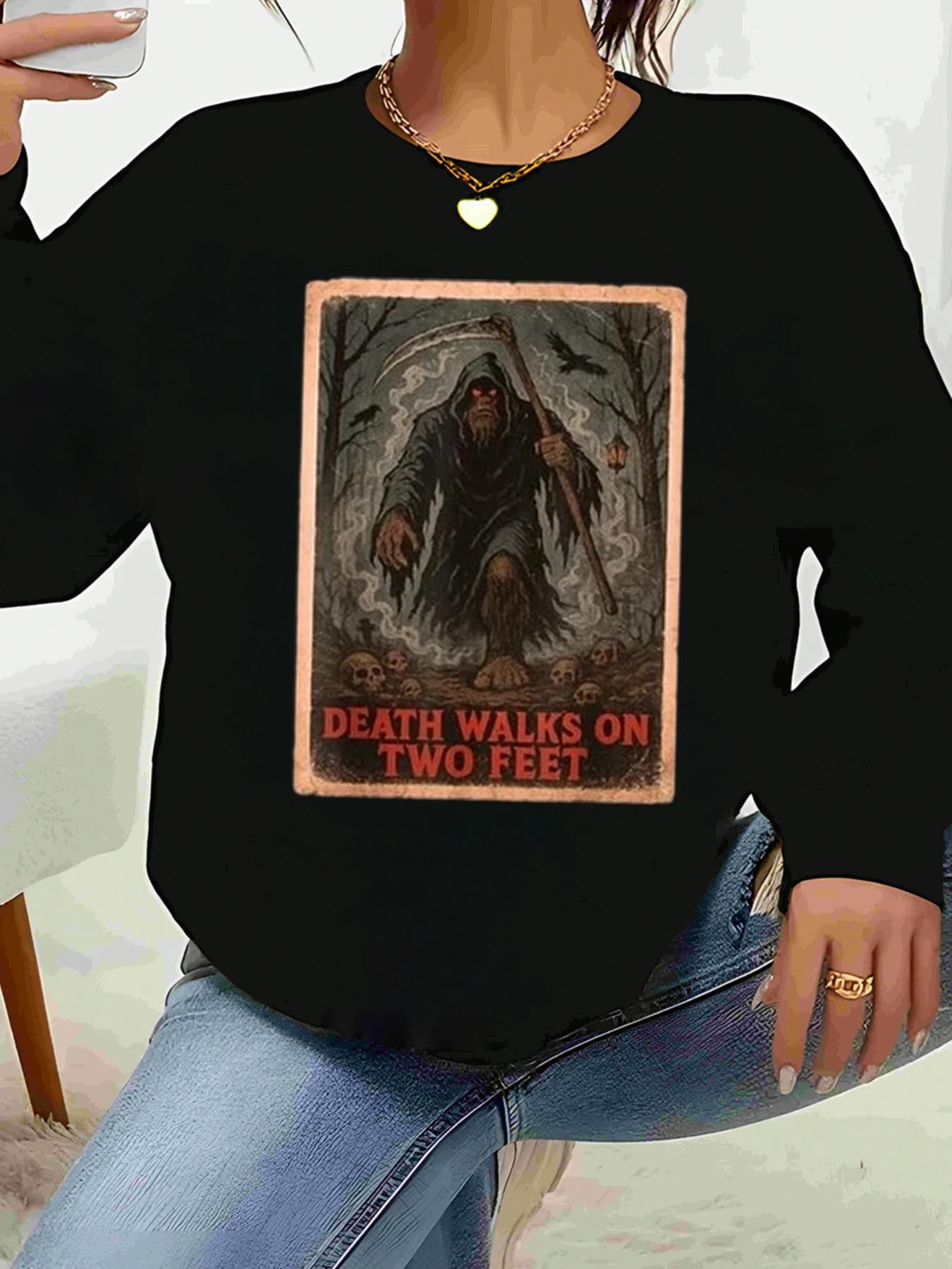 

Death Walks on Two Feet Grim Reaper Print Хэллоуин Толстовка с длинными рукавами Повседневная одежда Женская