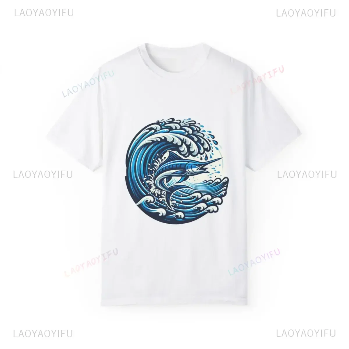 Unisex Printed T - Shirt: Tsunami with Blue Marlin Design. Ideal for Both Men and Women, A Splash of Ocean Drama.