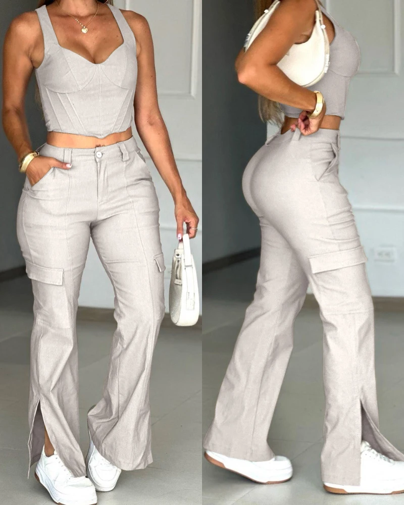 

Women's Urban Fashion Suits 2025 Spring Summer Latest Solid Color Sleeveless Strap Top High Waist Pocket Workwear Pants Set