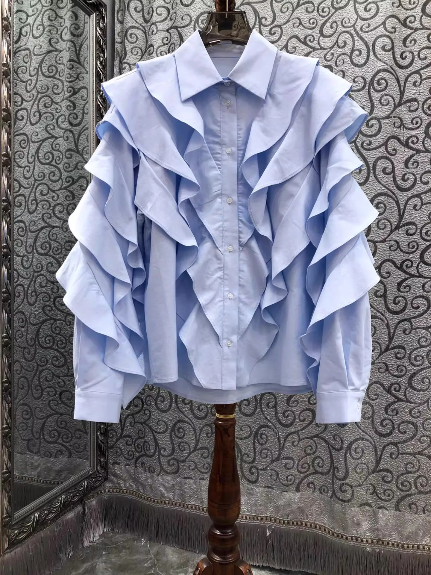 

2026 Spring Fashion Shirts High Quality Women Turn-down Collar Cascading Ruffle Flower Patterns Long Sleeve Casual Blue Shirts