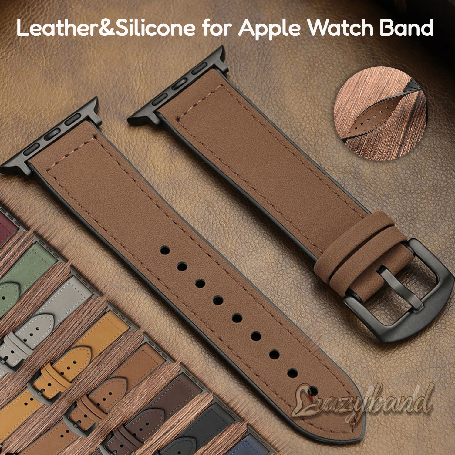 Leather Silicone for Apple Watch Band 44mm40mm49mm41mm46mm42mm 45mm 38mm Brown Wristband for Iwatch Series11 10 SE 6/7/8/9 Strap