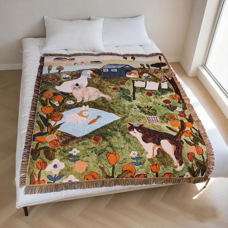 Cotton Jacquard Thread Blanket Rural Style Background Decoration Tapestry Napping Cover Carpet Office Blanket