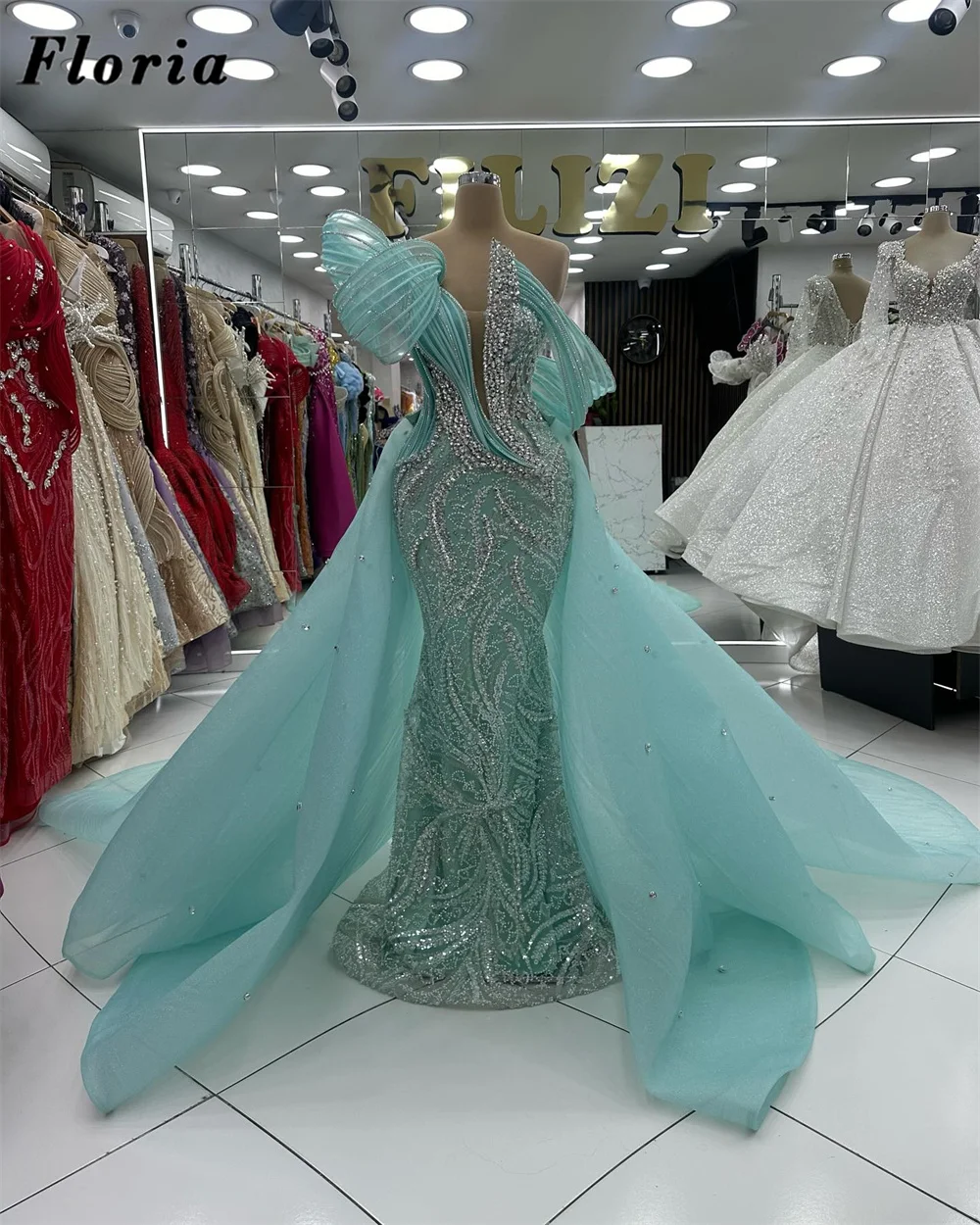 

Chic Mint Green Beaded Evening Dresses Detachable Long Skirt Arabic Ruffles Prom Dress Rhinestone Wedding Party Gowns Customized