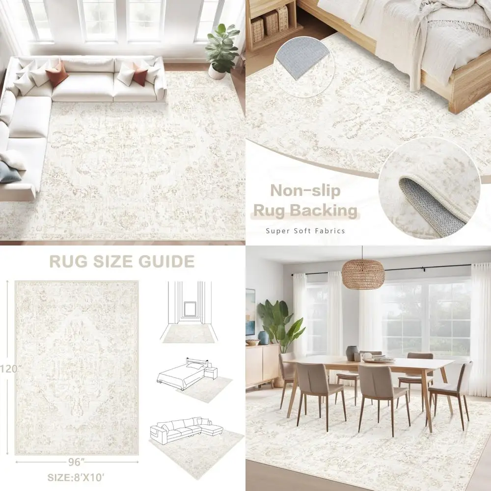 

Vintage Floral Large Washable Rugs for Living Room: Soft, Non-Slip, Low Pile Distressed Carpet