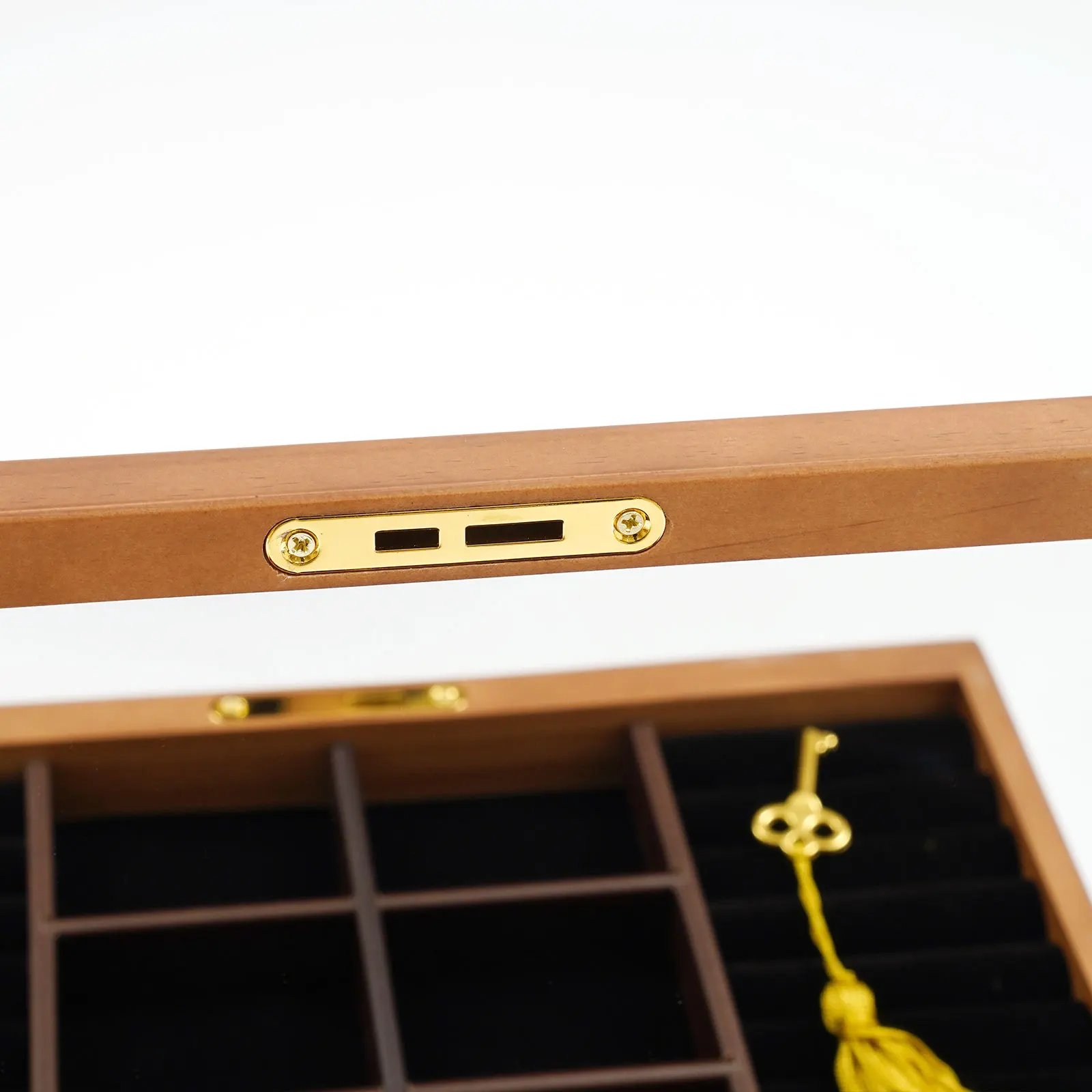 6-lagige braune Schmuckschatulle aus Holz, 29,5 x 18,5 x 25 cm, mit Spiegel-Sicherheitsriegel, zum Aufbewahren von Anhängern, Armbändern, Broschen und Halsketten – Detail 11