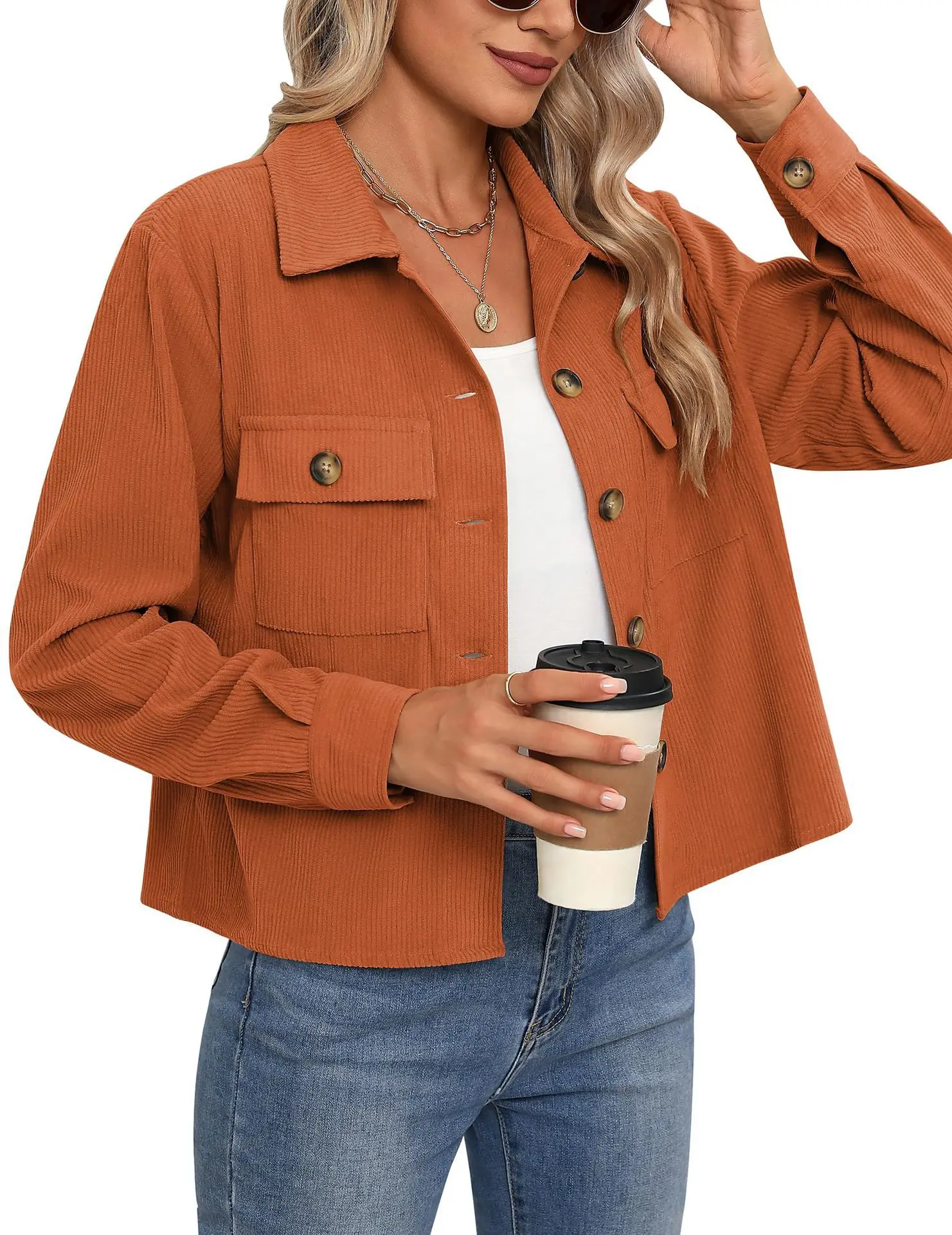 2025 Women's Shirt Jacket Fashion Casual Corduroy Button Cardigan Pocket Coat Corduroy Solid Color Simple Outerwear