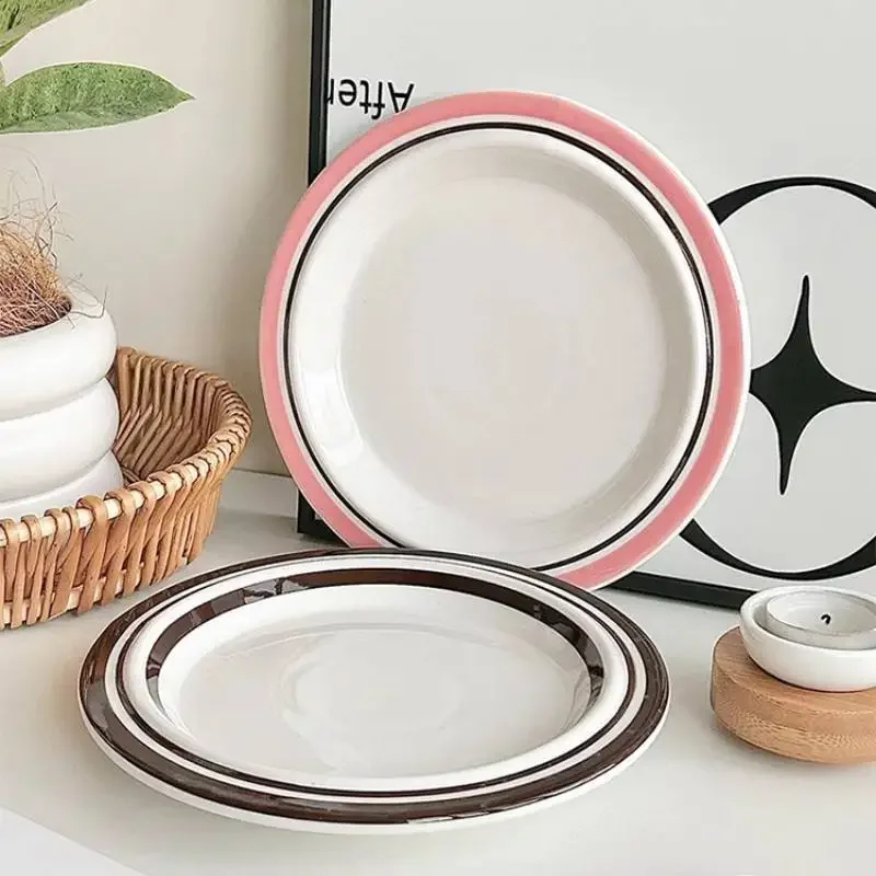 Simplified Pink Line Western Style Plate , Ceramic Tableware Vegetable Salad Pasta Platter Breakfast Fruit Yogurt Bowl