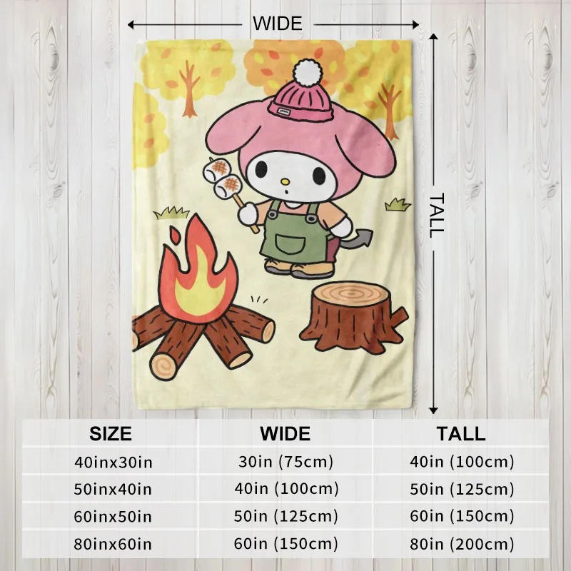 Sanrio Blanket Cozy Flannel Blanket Wall Hanging Featuring My Melody in Autumn Forest, Pink Hat Green Overalls, Toasting view 4