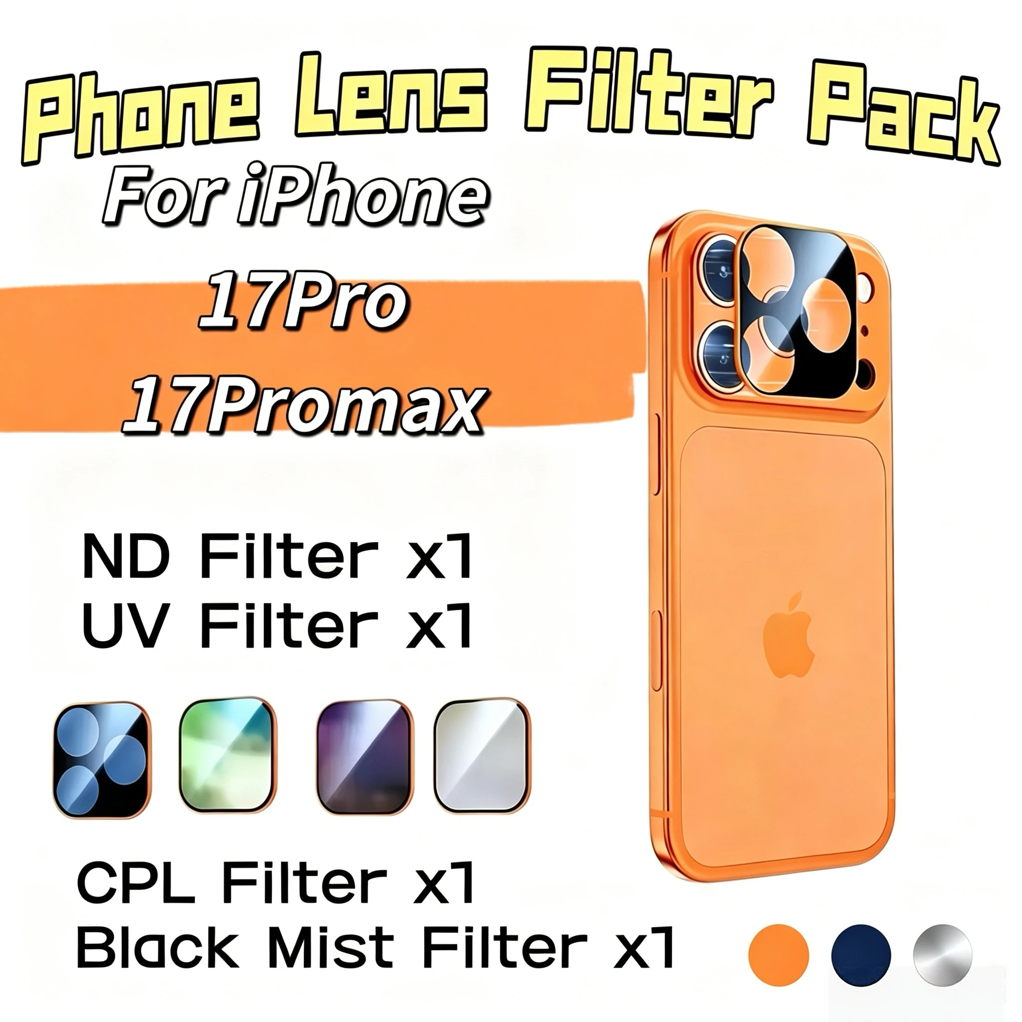 

5-in-1 Magnetic Lens Filter Kit for iPhone 17 Pro/17 Pro Max, including CPL, ND, UV and Black Mist Filters + Lens Protector Film