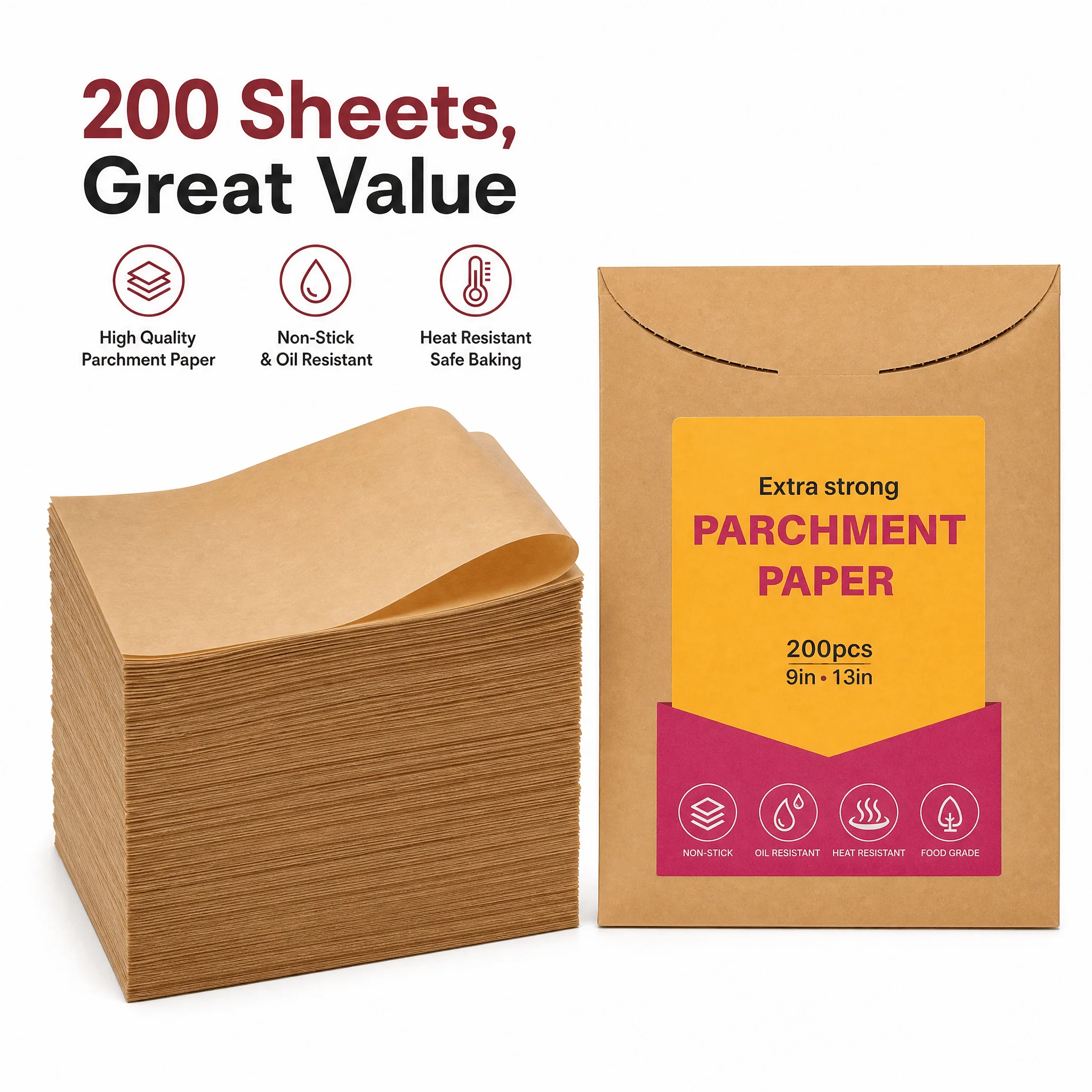 Parchment Paper Sheets 200Pcs 9x13 Inch Food Grade Non‑Stick Heat Resistant Oil‑Proof Baking Paper for Oven Air Fryer Halloween Party Cookie Dessert Baking