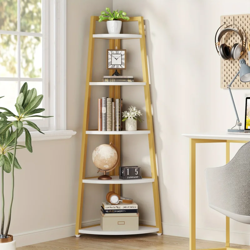 70 Inch High Corner，5 Layer Corner Bookshelf Modern Plant Stand，For Living Room、Kitchen、Home Office（Gold）