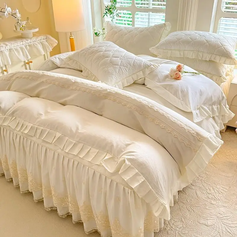 

Cotton Bedding Set 2025 Full Cotton Tea Rose Pure Color Lace Light Luxury Quilt Cover Sheet Cotton Bed Skirt F...